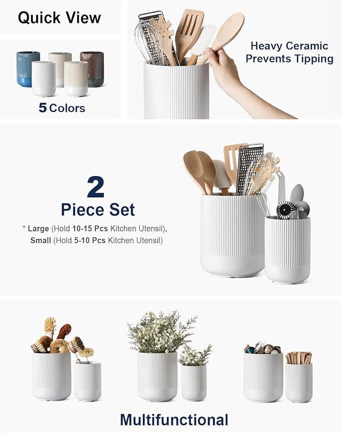 LE TAUCI Utensil Holder, 7.3"+5.4" Ceramic Kitchen Utensil Holder for Countertop, Large Cooking Utensil Crocks for Kitchen Counter Decor, Morden Utensil Organizer for Spatula, Set of 2, White