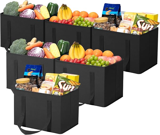 Lifewit Reusable Grocery Bags 6 Packs, Heavy Duty Foldable Shopping Bags with Reinforced Handles, Extra Large Utility Tote Bags Stay Open, Sturdy Standing Carry Box for Kitchen, Car Trunk, 24L Black