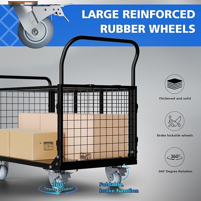 Platform Truck Cart with Cage, 5 in 1 Foldable Heavy Duty Platform Cart, 2500 LBS Capacity Heavy Duty Push Cart with 4 Casters for Grocery, Laundry, Warehouse, Pantry