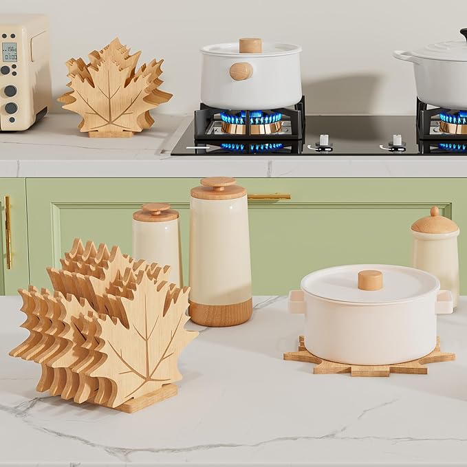 Bamboo Trivets for Hot Dishes, Pots & Pans - 4 Large + 2 M Heat Resistant Pot Holders Trivet Set with Maple Leaf Design, Non-Slip for Kitchen Countertops & Dining Table (Natural Materials)