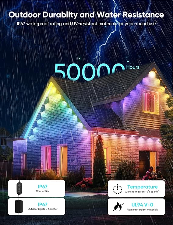 APPECK Permanent Outdoor Lights Pro 100ft, 72W RGBCW Eaves Lights with 72 LED Lights, 80lm, Cuttable, 111 Scene Modes, IP67 Waterproof Lighting for Halloween Decoration, Work with Alexa, Black