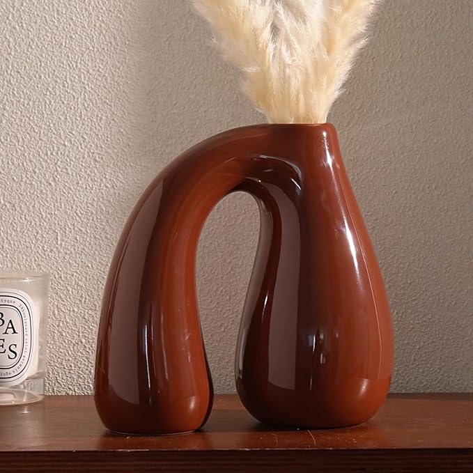 Brown Ceramic Decorative Pitcher Vase, 7.5 in – Glossy Sculptural Arch-Handle, Warm Earth-Tone Home Décor for Fresh or Dried Floral Arrangements, Table/Shelf/Entryway, Giftable