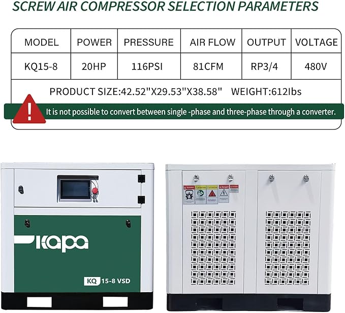 KAPA KQ 20HP/15KW 3-Phase 480V Industrial Rotary Screw Compressor – Power for Pneumatic Tools & Equipment