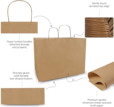 Qutuus Large Kraft Paper Shopping Bags with Handles Bulk - 16x6x12 Inch 300 Pcs Brown Paper Sacks, Kraft Bags for Gift Packaging Small Business Boutiques Retail Stores Grocery Merchandise