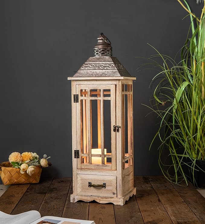 TIMRIS Large Rustic Wooden Metal Decorative Lantern Set of 2, Modern Farmhouse Floor Candle Lanterns with Drawer, Indoor/Outdoor Hanging Lanterns for Home Decor (No Glass)