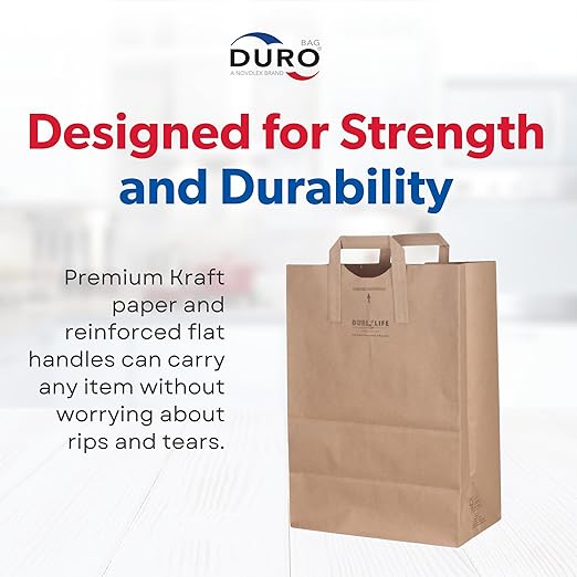 Duro 70# Large Brown Paper Bags with Handles Bulk 50 Count, 12 x 7 x 17 Inches, Blank Brown Grocery Bags with Handles, Paper Sacks for Recycling