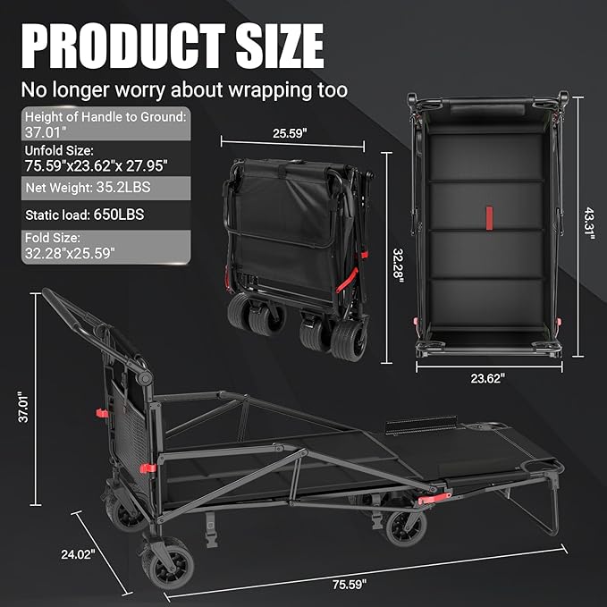 2-in-1 Multifunctional Folding Wagon Carts,Convertible Beach Chair,650LBS Large Capacity,Foldable Portable Wagon,Utility Cart Suitable for Grocery,Sports,Garden,Shopping,Camping