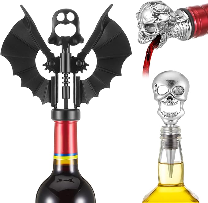 LemonRoad 3 Pcs Gothic Wine Accessories 2 in 1 Ghost Wine Beer Bottle Opener Skull Aerator Pourer Spout Stoppers for Goth Halloween Gifts Kitchen Accessories