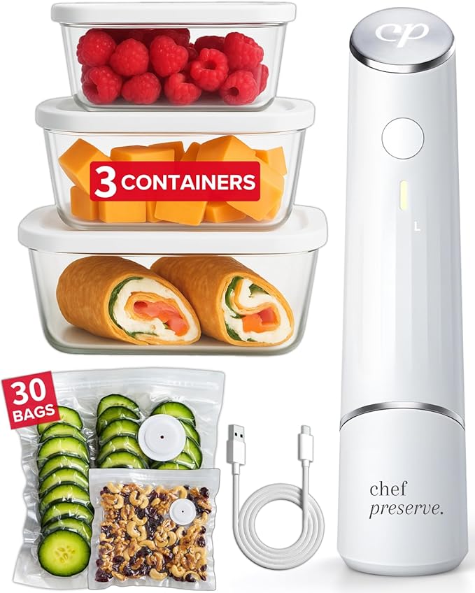 Chef Preserve Vacuum Sealer Machine with 3 Glass Containers & 30 Reusable Bags – Compact Handheld Food Saver, Portable Kitchen Vacuum Sealing System for Meal Prep, Food Storage & Freshness