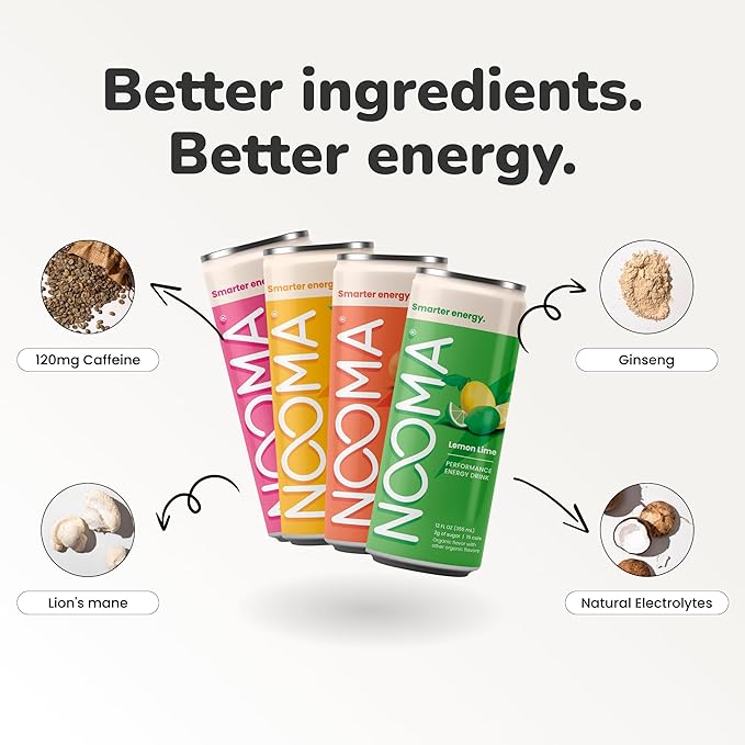NOOMA - Performance Energy Drink - Pre Workout Drink - Nootropics, Adaptogens + Electrolytes - 120mg Clean Caffeine, 15 Calories & 2g Sugar - Variety Pack -12 Pack -12oz ea.