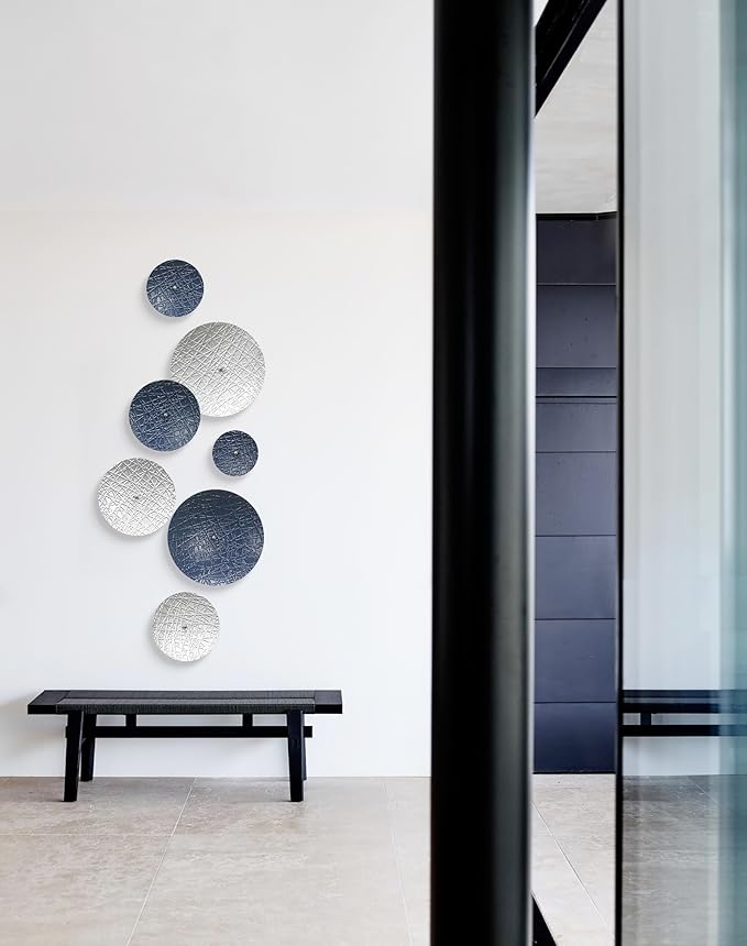 Silver and Blue Wall Decor for Living Room, 7PCS Metal Wall Hanging Sculptures for Office Apartment Bathroom Decoration, Modern Silver Home Decor for Staircase Hallway Porch Housewarming Gift