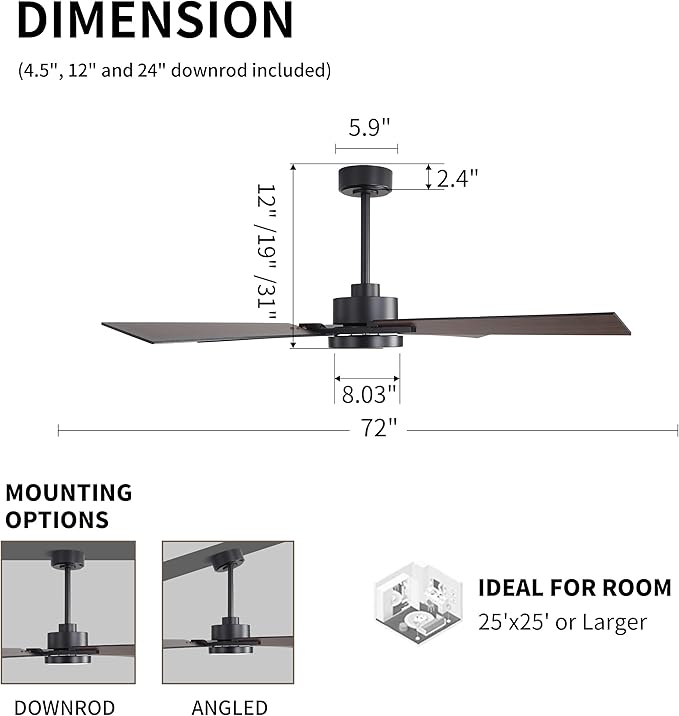 WINGBO 72 Inch Ceiling Fan with Light and Remote, 4 Plywood Blades, 6-Speed Reversible DC Motor, Dimmable, 3CCT, Farmhouse Ceiling Fan for Bedroom Living Room Kitchen, Black and Walnut/Shadowed Walnut