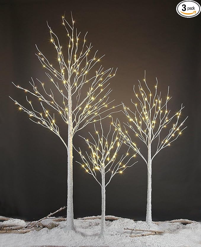 LIGHTSHARE LED Birch Tree Light Set - 4ft, 6ft, 8ft Trees with Warm White Lights - Indoor Outdoor Christmas Wedding Party Decorations (3-Pack)