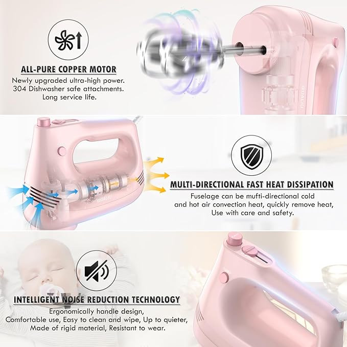 Electric Hand Mixer with Stainless Steel Whisk, Dough Hook Attachment and Storage Bag, Handheld Mixer for Baking Cakes, Eggs, Cream Food Mixers. Turbo Boost /5 Speed Kitchen Blender PINK