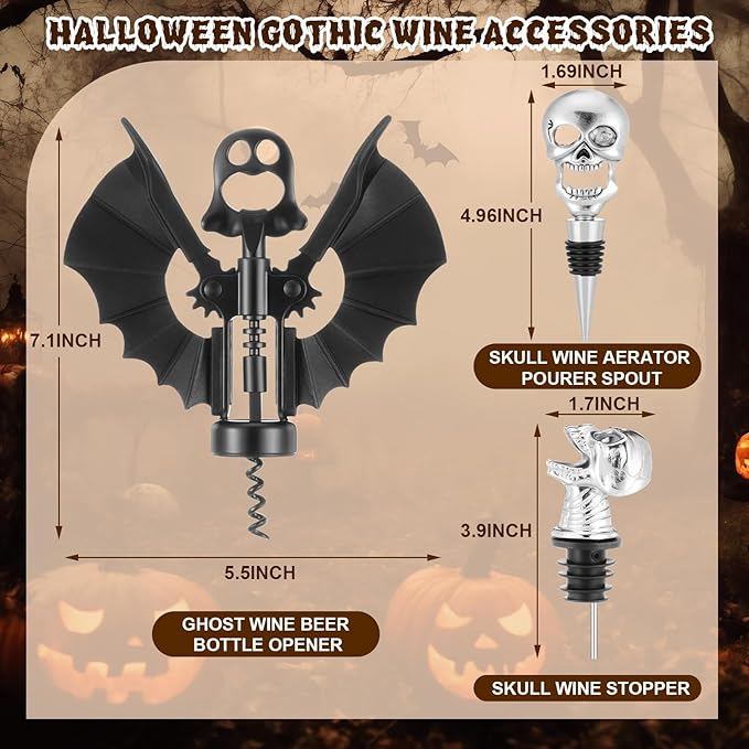 LemonRoad 3 Pcs Gothic Wine Accessories 2 in 1 Ghost Wine Beer Bottle Opener Skull Aerator Pourer Spout Stoppers for Goth Halloween Gifts Kitchen Accessories