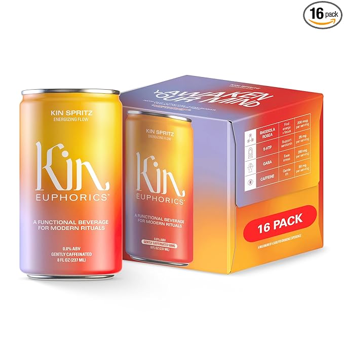 Kin Euphorics Kin Spritz Non-Alcoholic Functional Beverage | Invigorating Booster | Adaptogen & Nootropic Drink | Rhodiola Rosea, 5-HTP, GABA | Ready to Drink | 8 Fl Oz (16pk)