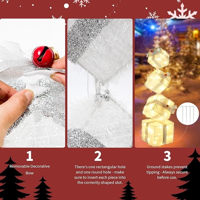 Christmas Lighted Gift Boxes Decorations Set of 4, 2.8Ft Stackable Christmas Nesting Boxes Battery Operated with Timer for Home and Party Decoration