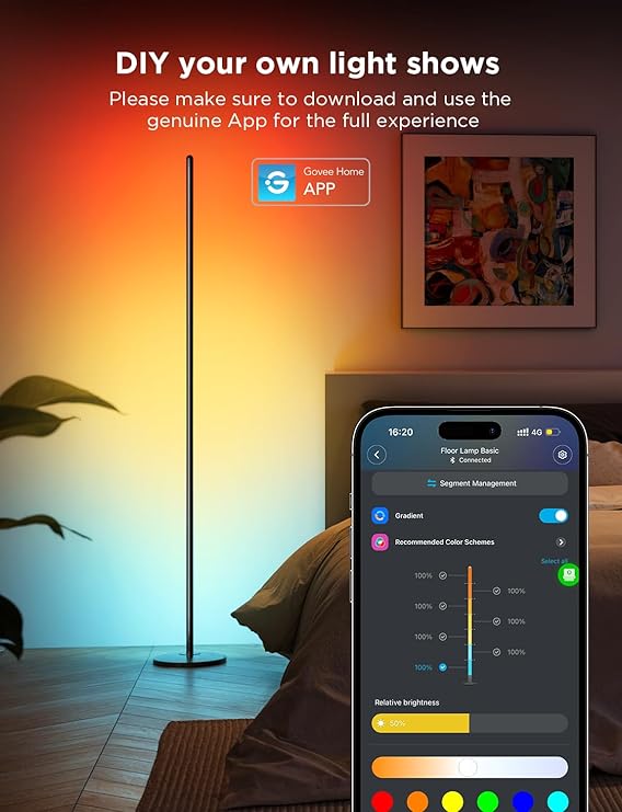 Govee RGBIC Floor Lamp Basic, LED Corner Lamp Works with Alexa, 1000 Lumen Smart Modern Floor Lamp with Music Sync and 16 Million DIY Colors, Color Changing Standing Lamp for Bedroom Living Room Black