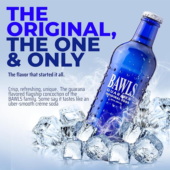BAWLS Guarana Original - Guarana Fueled Soda for Energy, High Energy Caffeinated Drink, 10oz 24 Pack Glass Bottles
