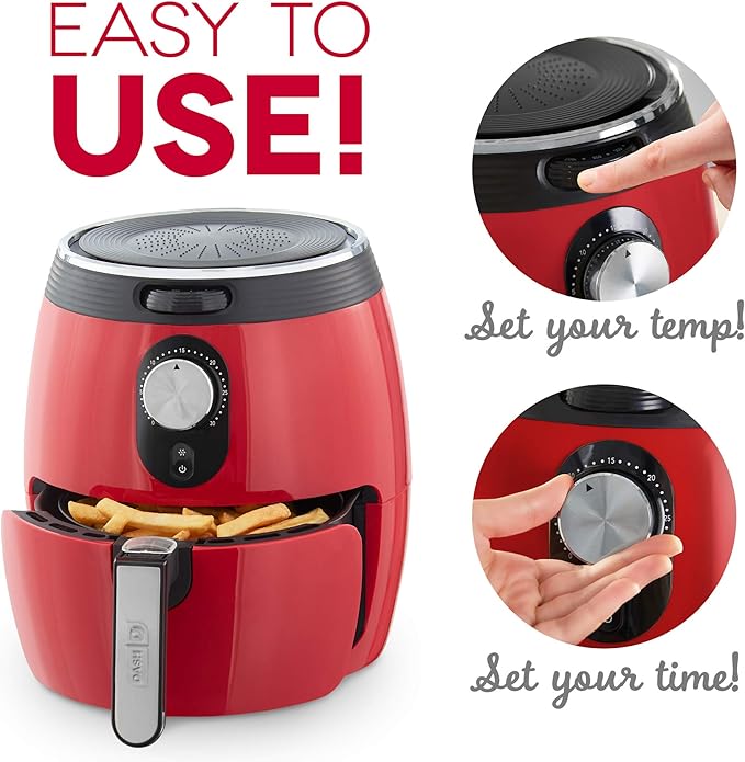 Dash Deluxe Electric Air Fryer + Oven Cooker with Temperature Control, Non-stick Fry Basket, Recipe Guide + Auto Shut off Feature, 1200-Watt, 3 Quart - Red