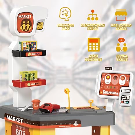 deAO Supermarket Playset for Kids with Working Scanner Register Toy Pretend Play,Kid Grocery Store Playset 54PCS Play Food Accessories,Christams Birthday Gift for 3 4 5 Kids Boys Girls