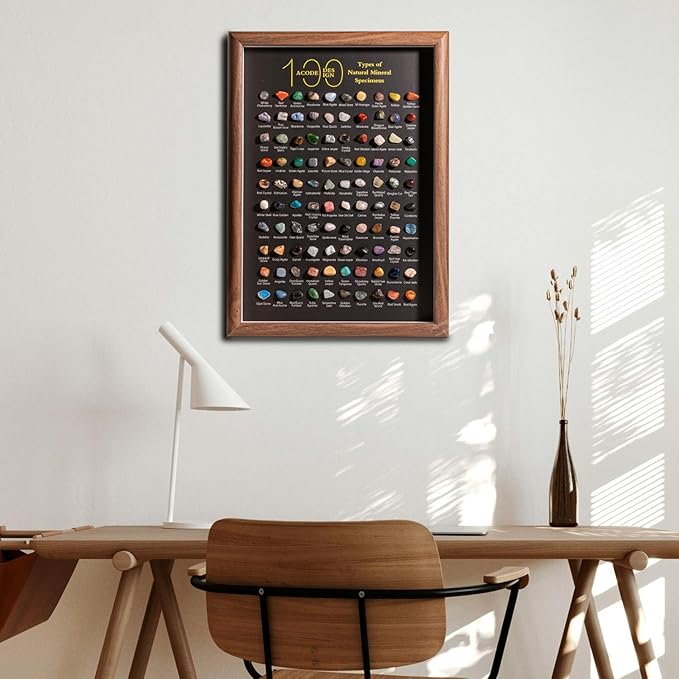 ACODE Natural Mineral Specimen Shadow Box, Geology Collection Case Decoration, Home Decor Wall Art Tabletop Display with Real Rocks Crystals, Gift for Birthday Christmas Housewarming Children's Day