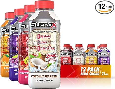 SueroX Sugar-Free Sports Drink for Hydration and Recovery, Electrolyte Hydration Drink with 8 Ions, Zero Calorie Sports Drinks with Electrolytes, Tropical Pack, 21.3 Fl Oz, 12 Count