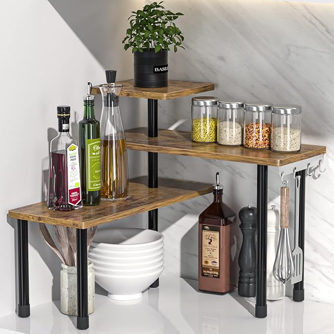 JayRex 3 Tier Corner Shelf Countertop Organizer Rustic Brown