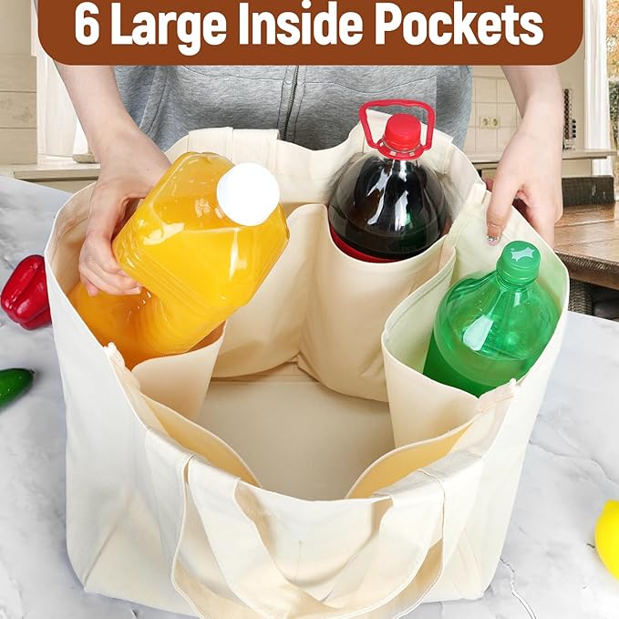 Lzerking Canvas Tote Bag 4 Pack, Heavy Duty Reusable Grocery Bag with Pockets and Felt Base Shaper, 14x15x9.5 Inches Large Shopping Bags with Long Shoulder Strap and Short Handle
