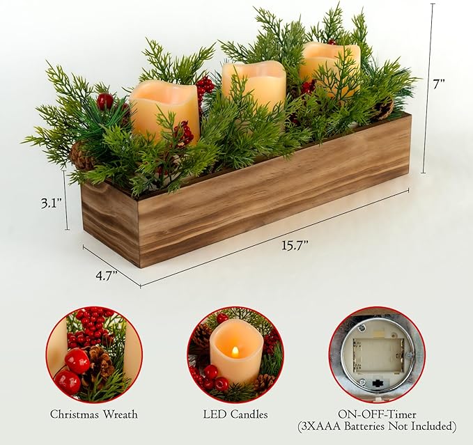 Christmas Candle Holder Centerpiece with 3 Flameless Candle, Pine Cones and Gold Red Berry Wood Table Centerpiece for Festival Home Christmas Decoration