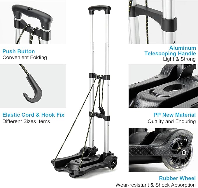 Small Folding Hand Truck Dolly with 2 Wheels, Lightweight Aluminum Foldable Luggage Cart, Collapsible Cart Portable Dolly for Airport Travel Moving Use