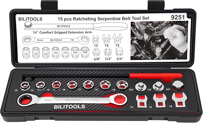 BILITOOLS 15-Piece Universal Ratcheting Serpentine Belt Tool Set