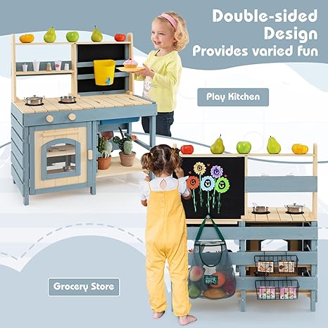 KOTEK 2 in 1 Mud Kitchen, Outdoor Play Kitchen & Grocery Playset w/Removable Sink, Water Tank & Faucet, Stoves, Oven, Blackboard, Storage Bag & Baskets, Double Side Wooden Mud Table for Kids Outdoor