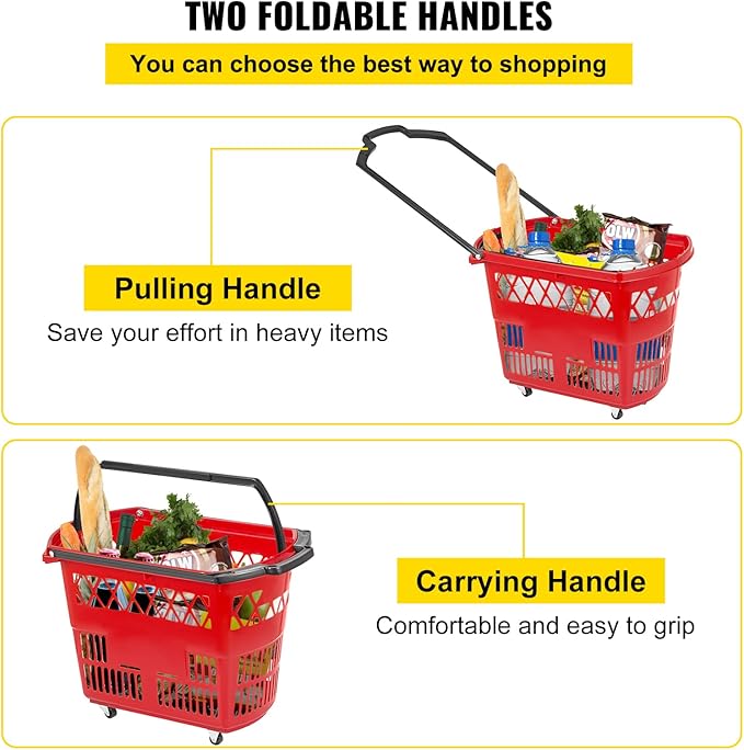 Mophorn 6PCS Shopping Carts, Plastic Rolling Shopping Basket with Wheels, Red Shopping Baskets with Handles, Portable Shopping Basket Set for Retail Store