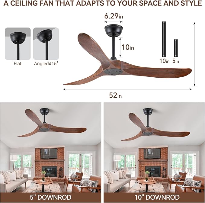 52 Inch Ceiling Fan with Remote Control, Solid Wood, 6-Speed DC Motor, 3 Reversible Walnut Wooden Blades, 1/4/8 Hour Timer, Quiet & Energy Efficient for Indoor/Outdoor Use