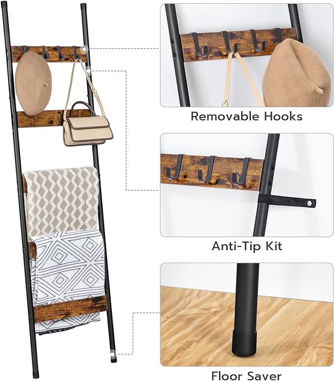 HOOBRO Industrial 5-Tier Wall-Leaning Blanket Ladder, Rustic Brown and Black BF52CJ01