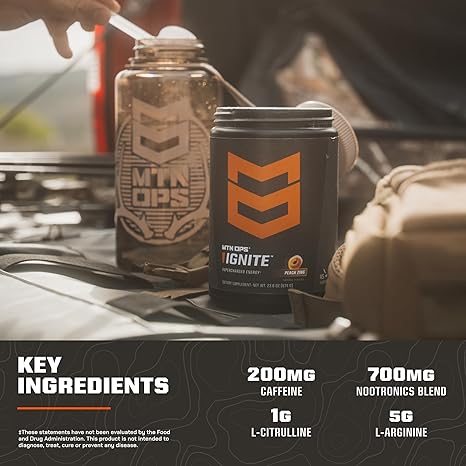MTN OPS Ignite Energy Drink Powder, Gluten Free Nootropic Supplement Drink Mix, L Arginine, L Citrulline, Caffeine & Nootropic Sugar Free Drink Mix, 45 Servings, Tiger's Blood