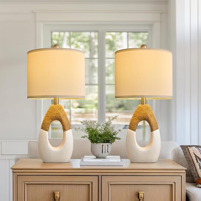 OYEARS 22” Boho Table Lamps for Bedroom Living Room Upgraded Set of 2 Medium Farmhouse Rattan Table Lamps, Rustic Home Decoration Nightstand Bedside Lamp for Office (Not Include Bulbs)