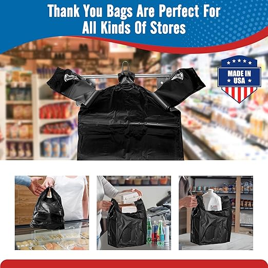 Fuxury 1000 Count Black Plastic Grocery Bags 12" x 6.5" x 21", T-shirt, Trash, Take Out, Restaurants,To Go, Retail Shopping Bags in Bulk for Small Business (Made in USA)
