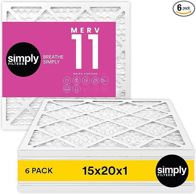 Simply 15x20x1 Air Filter, Merv 11, MPR 1000, 6 Pack, For Home AC Furnace & HVAC (Actual Size: 14.75"x19.75"x0.75") DUST, Pet, & Allergy Control