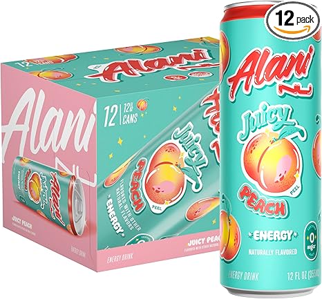 Alani Nu JUICY PEACH, Sugar Free, Low Calorie Energy Drinks, 200mg Caffeine, Biotin, B Vitamins, Zero Sugar, 10 Calories, 12 Fl Oz Cans, 12 Pack