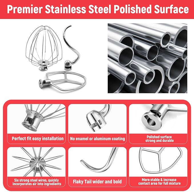 Kitchen Mixers Accessories for KitchenAid Mixer, 6 QT Dough Hook K256WW Wire Whip and Flat Blade Paddle Stainless Steel Attachments for Kitchen aid 5.5-6 Quart Tilt-Head Aid Stand Mixer