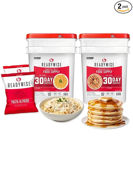 ReadyWise 30 Day Emergency Food Supply - 296 Servings, 2 Buckets, Freeze Dried Protein Meals, Survival Food Storage, Ready to Eat, Backpacking & Camping Essentials, up to 25 Year Shelf Life