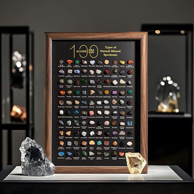 ACODE Natural Mineral Specimen Shadow Box, Geology Collection Case Decoration, Home Decor Wall Art Tabletop Display with Real Rocks Crystals, Gift for Birthday Christmas Housewarming Children's Day
