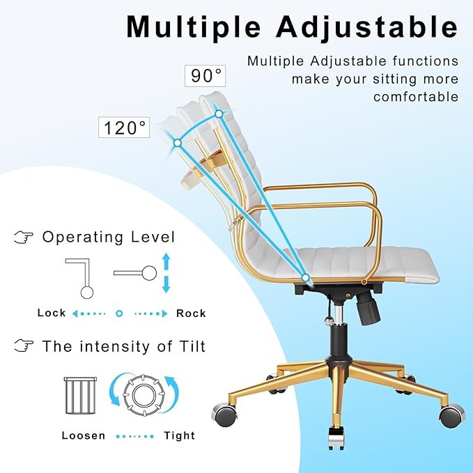 Ergonomic Office Chair with Adjustable Swivel and Lumbar Support, White and Gold Leather Desk Chair for Home Office