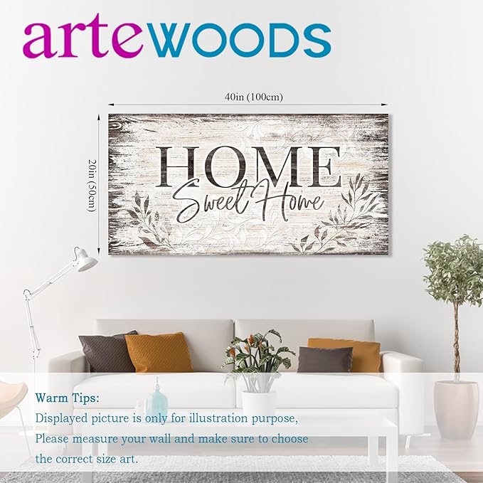 Home Sweet Home Wall Art Sign Large Dark Brown Farmhouse Wall Sign for Living Room Decoration Wooden Board Design Canvas Prints Modern Rustic Artwork Leaf Pictures Wall Decor 20" x 40"