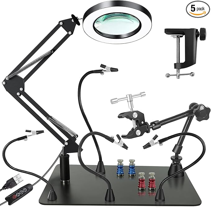 Magnetic Helping Hands Soldering Station, 10X LED Magnifying Lamp Large Soldering Station Kit, 360 Hot Air Gun Holder, 4 Magnetic Third Hand Soldering Tool & PCB Holder for Electronic Repair Soldering
