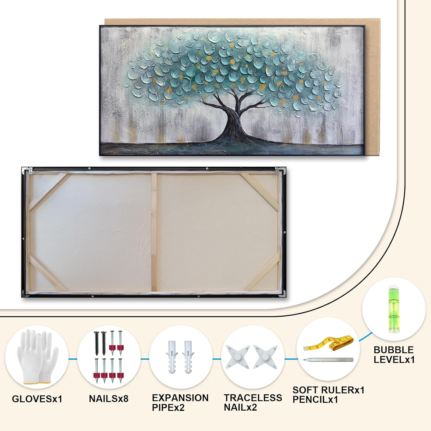 Teal Blue Tree of Life Canvas Wall Art for Living Room, Hand Painted Modern Abstract Textured Painting, Large Framed Panoramic Landscape wall art for Living Room, Bedroom, Office, Home Decor 60"x30"