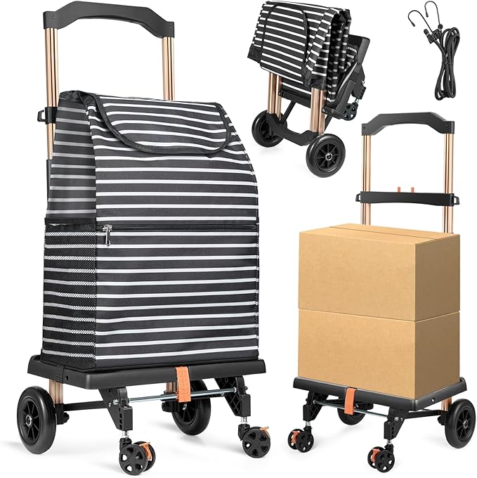 2-in-1 Shopping Cart for Groceries, Lightweight Aluminum Grocery Cart on Wheels and 50L Removable Waterproof Shopping Bag for Moving, Camping (Black)