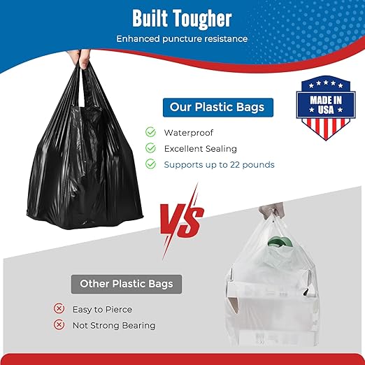 Fuxury 1000 Count Black Plastic Grocery Bags 12" x 6.5" x 21", T-shirt, Trash, Take Out, Restaurants,To Go, Retail Shopping Bags in Bulk for Small Business (Made in USA)